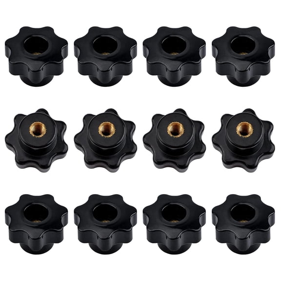 Star Knob M6 Knurled Thread Clamping Knob, 12pcs Black Plastic Through Hole Set Brass Female Threaded Nut,Screw-On Handle Clamping Knob for Mechanical Equipment