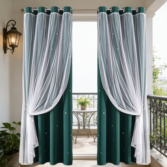 Star Lace Curtains, 84.3x52in 2-Layer Blackout Drapes, Sheer Thermal Insulated Panel, Star Pattern Drapery for Bedroom Living Room Use