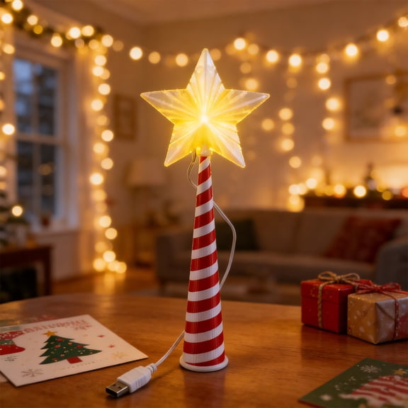 Star Light-Up Wand Decoration with LED Lights, Red and White Striped Glitter Holiday Ornament, Festive Tree Topper or Party Prop, Battery Powered, Christmas Gift for Kids, Indoor Use