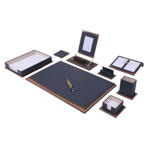 Star Luxury Leather Desk Set, Leather & Wood Desk Set, 11 Pcs, with Single Tray, Desk Organizer (Gray)