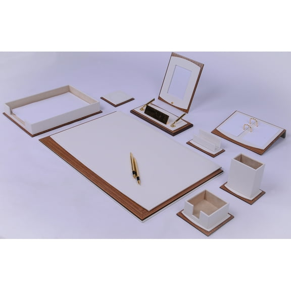 Star Luxury Leather Desk Set, Leather & Wood Desk Set, 11 Pcs, with Single Tray, Desk Organizer(White)