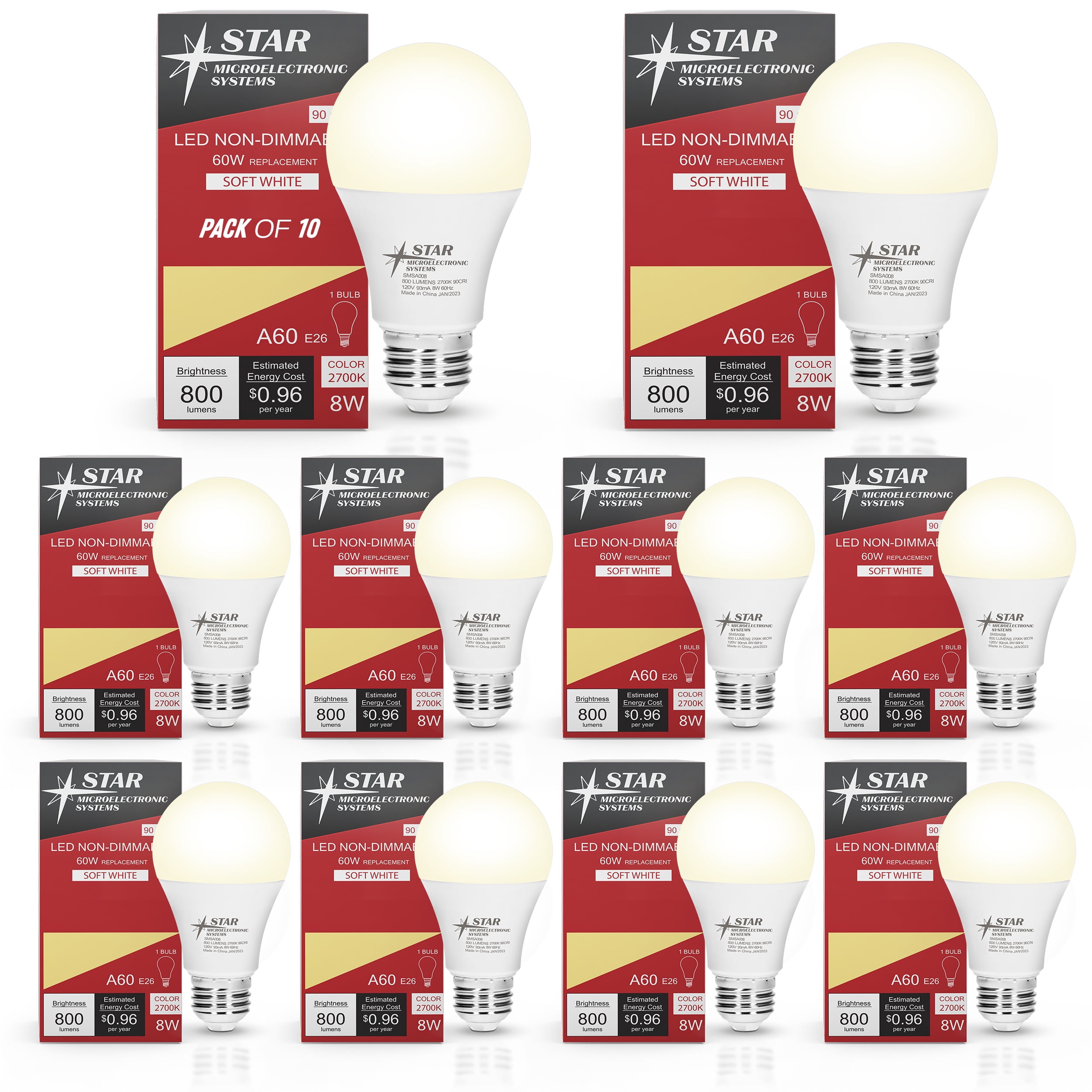 Star Microelectronic Systems LED Light Bulb 90 CRI 800 Lumens 2700K 33,000Hrs A19 Non-Dimmable (10 Count)