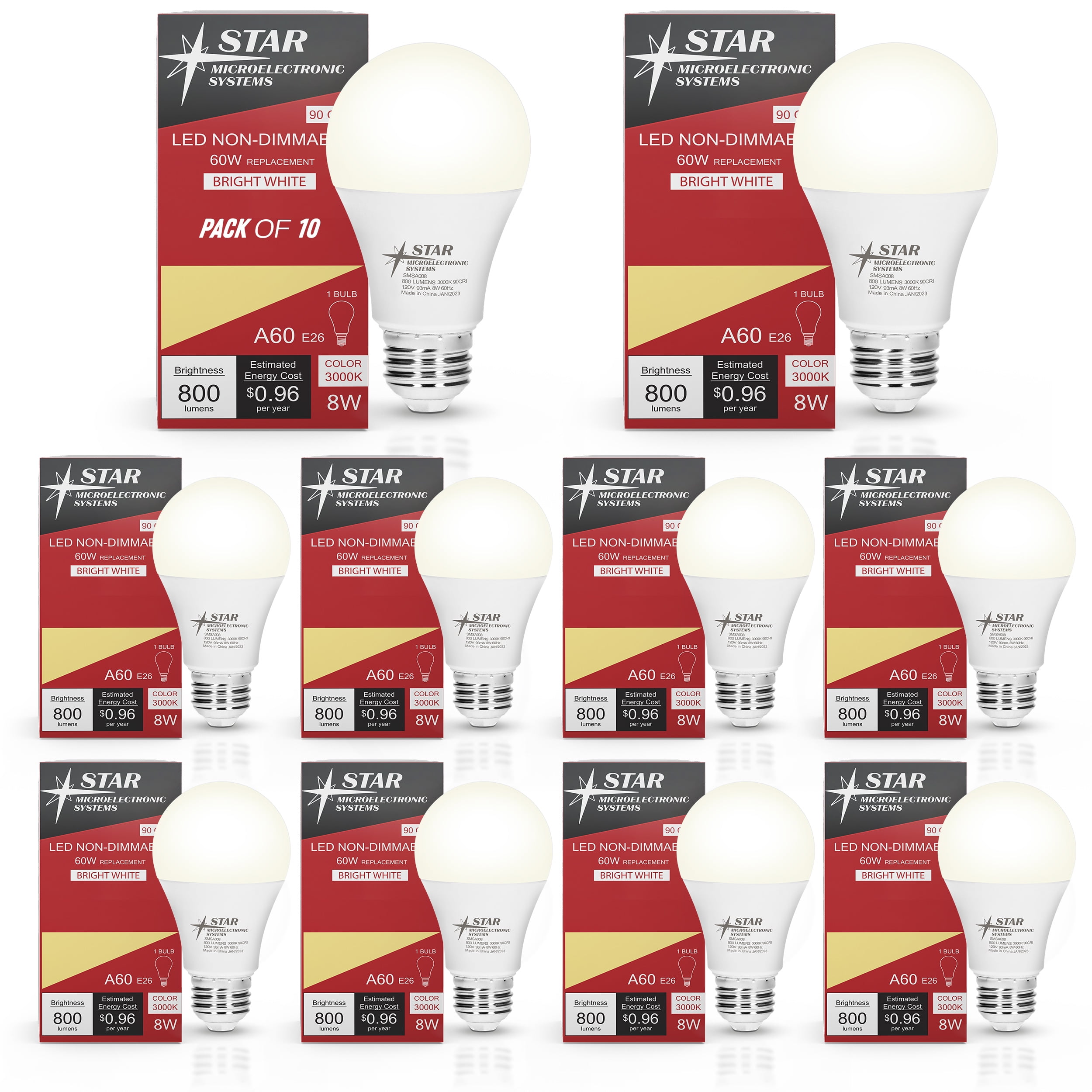 Star Microelectronic Systems LED Light Bulb 90 CRI 800 Lumens 3000K 33,000Hrs A19 Non-Dimmable (10 Count)