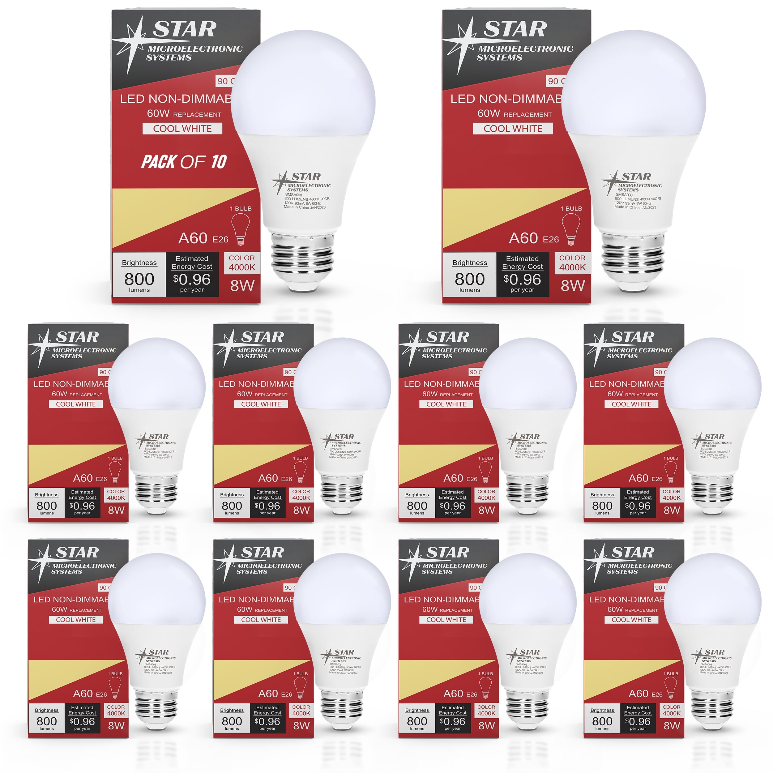 Star Microelectronic Systems LED Light Bulb 90 CRI 800 Lumens 4000K 33,000Hrs A19 Non-Dimmable (10 Count)