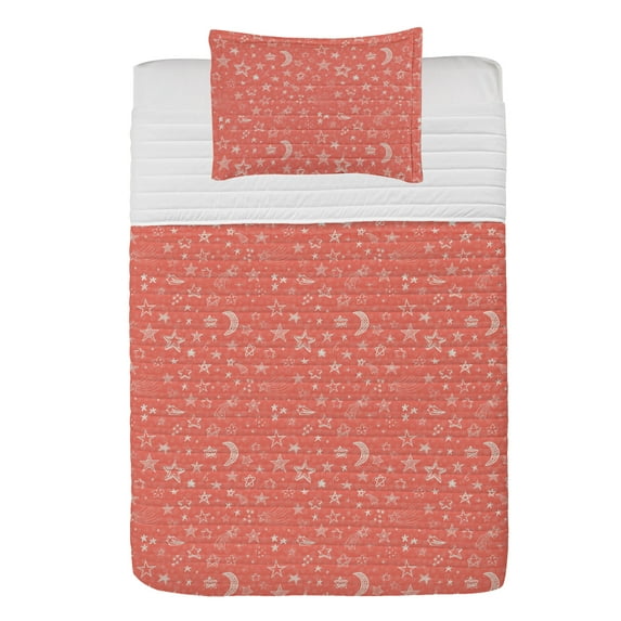 Star Microfiber Bedspread Set, Moon and Stars Theme Pattern Starry Night Shooting Stars Space Galaxy Style, Soft Bedding Set with Pillow Shams & Comforter, 3 Sizes, Coral White, by Ambesonne