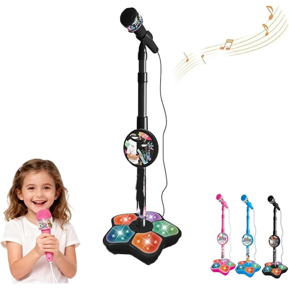 Star Microphone with Stand,Musical Toy with 15.75-35.43 Inches Adjustable Height,Wired Smartphone Connection,Stable Base,and Exciting 5-Light Microphone with Built-in Music & Lights
