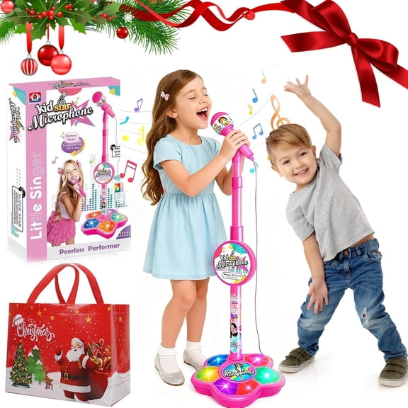 Star Microphone with Stand, All in One Microphone Toy Built-In Colorful Lights, Echo Effects, Adjustable Height Karaoke Microphones Machine,Great Holiday Birthday Gift