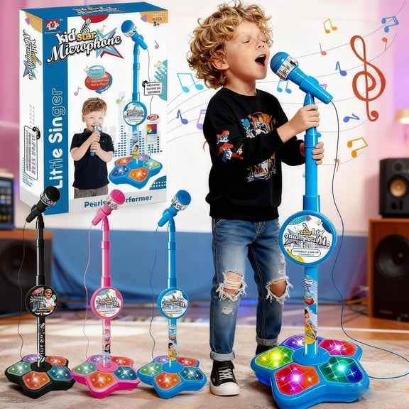 Star Microphone with Stand, All in One Microphone Toy Built-In Colorful Lights, Echo Effects, Adjustable Height Karaoke Microphones Machine,Great Holiday Birthday Gift