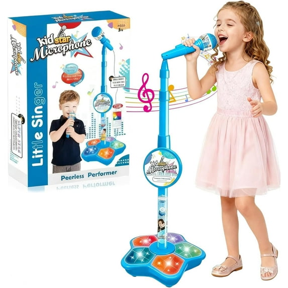 Star Microphone with Stand, All in One Microphone Toy for Kids, 2025 New Karaoke Machine Toy with Music & Light, Adjustable Height, Christmas & Birthday Gifts for Ages 3-8 (Blue)