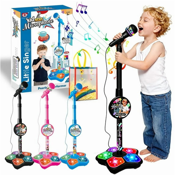 Star Microphone with Adjustable Stand 2026 – Built-in Music, Colorful Lights & Echo Effects, Portable Karaoke Machine for Casual Musical Fun Black