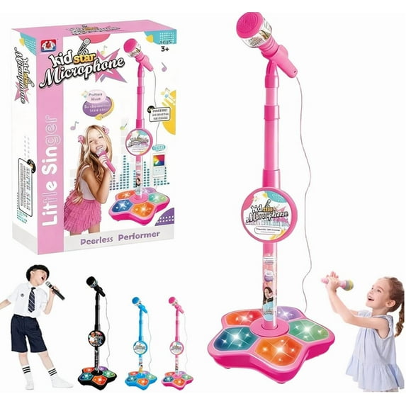 Star Microphone with Adjustable Stand 2026 – Built-in Music, Colorful Lights & Echo Effects, Portable Karaoke Machine for Casual Musical Fun Pink