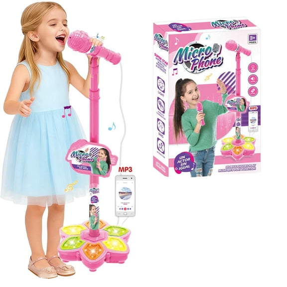 Star Microphone with Stand, 2026 New Karaoke Machine Toy, Adjustable Height LED Microphone with in Toy Lights,