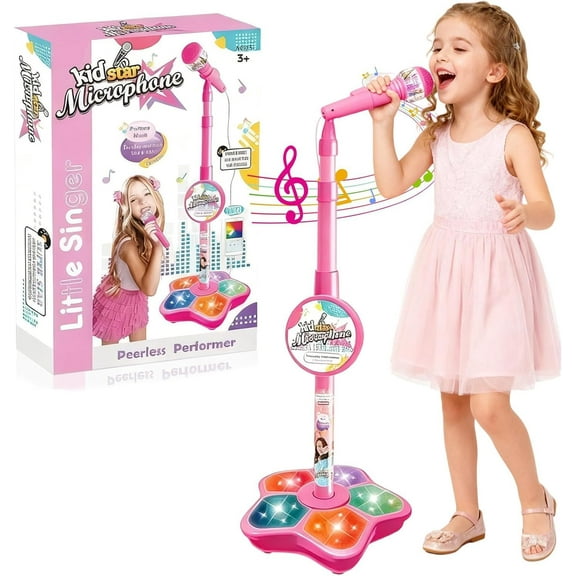 Star Microphone with Stand, All in One Microphone Toy, 2025 New Karaoke Machine Toy with Music & Light, Adjustable Height