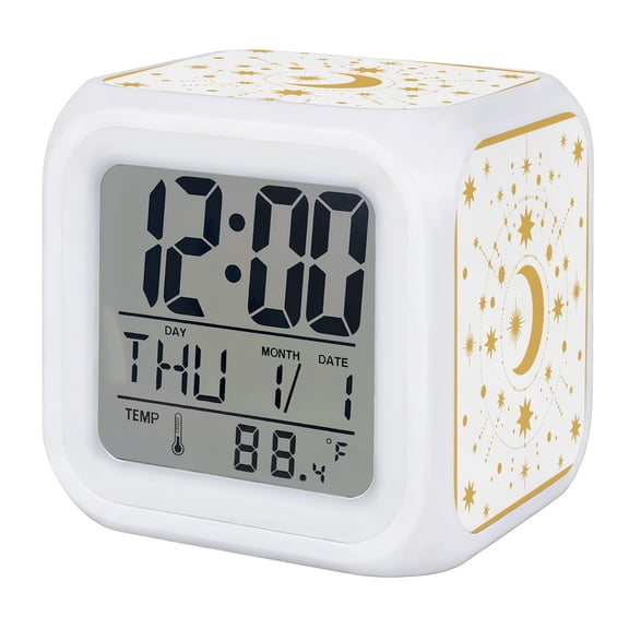 Star Moon Alarm Clock, Retro Gorgeous Gold White Polka Dots Stars Moon Digital Clock Night Light with 7 Color, Calendar Temperature Display, LED Desk Small Clock for Bedrooms Bedside Living Room