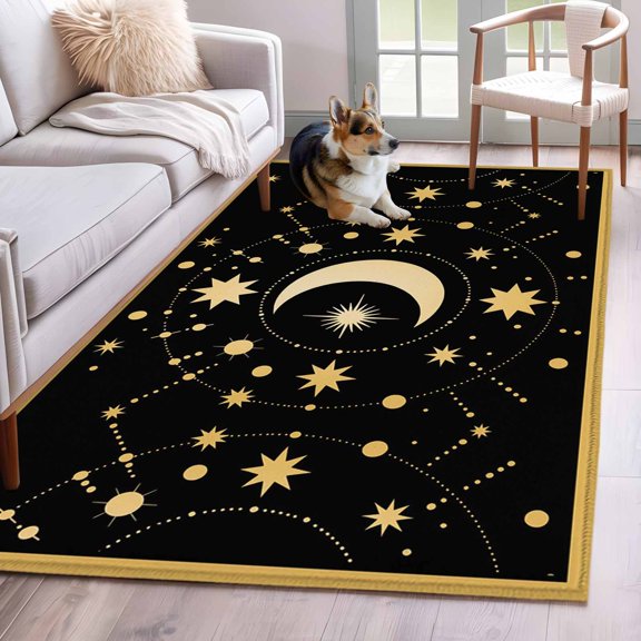 Star Moon Area Rugs 4x6 ft Retro Gorgeous Gold Polka Dots Stars Moon Black Washable Rug Non Slip Indoor Carpet Absorbent Floor Mat for Living Room Bedroom Dining Room