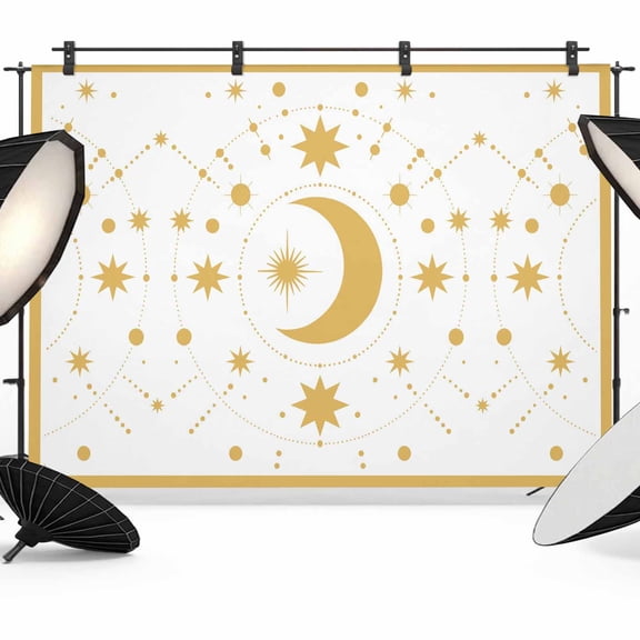 Star Moon Backdrop for Photography, Retro Gorgeous Gold White Polka Dots Stars Moon Photo Backdrop Portrait Background Party Banner Photo Backgrounds for Studio Booth Props, 7x5ft
