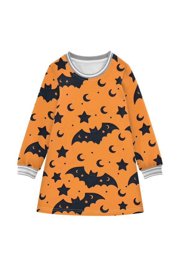 Star Moon Bat Pattern Girls'long-sleeved dress Thickened A-dress Warm Dress Basic Shirt Party Dresses