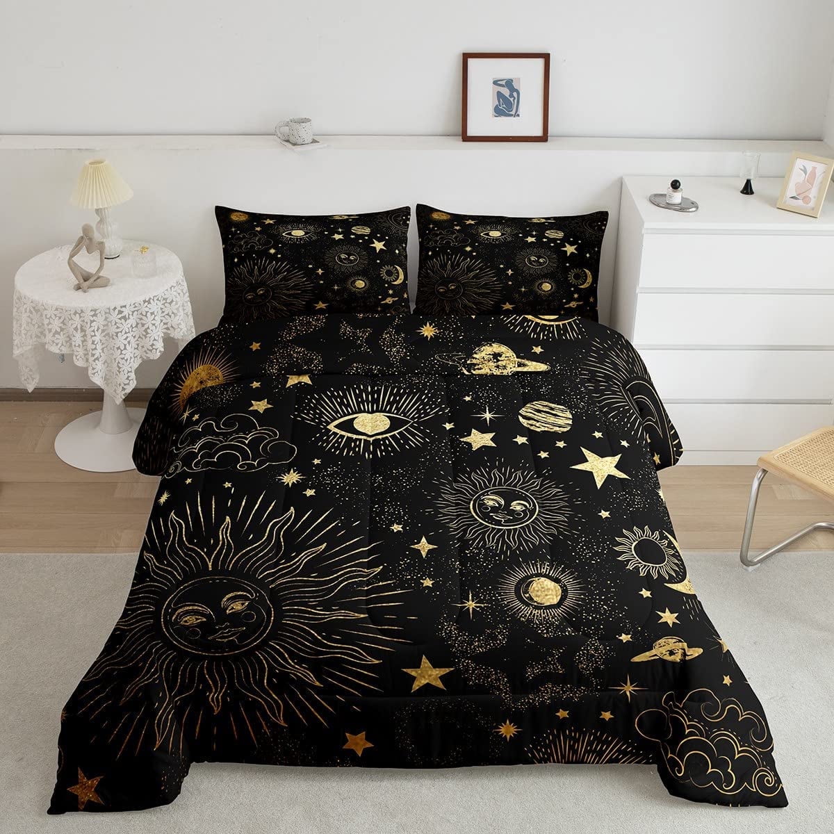 Star Moon Bedding Set Full Size Starry Sky Series Comforter Set Kids Child Cosmic Planets Sun Face Pattern Duvet Insert Boys Girls Trippy Hippie