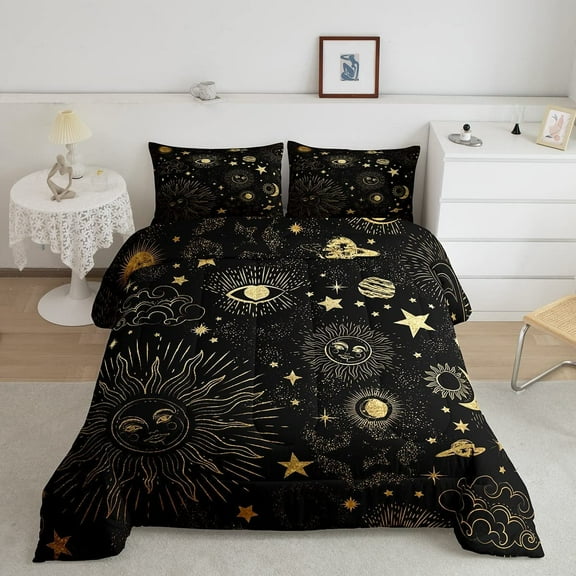 Star Moon Bedding Set Queen Size, Starry Sky Series Comforter Set , Cosmic Planets Sun Face Pattern Duvet Insert , Trippy Hippie Quilted Duvet, Soft Living Bedroom Decoration