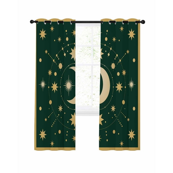 Star Moon Blackout Curtains 96 Inch Length Retro Gorgeous Gold Polka Dots Stars Moon Dark Green Thermal Insulated Window Curtain Window Drapes 2 Panels for Bedroom Living Room 52"Wx96"L