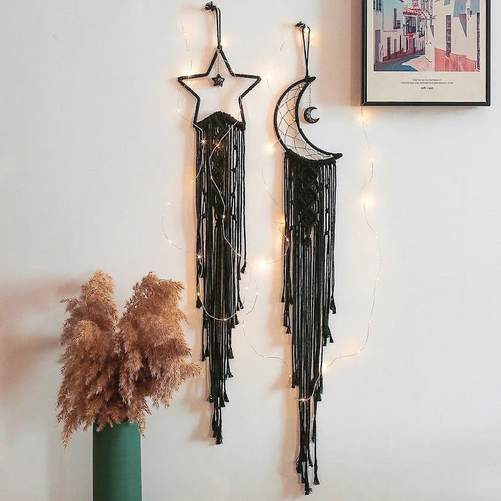 Black Star and Moon Macrame Wall Hanging with Lights