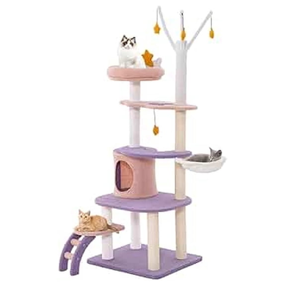 Star Moon Cat Tree Tower 62", Multi-Level Cat Condo with Scratching Posts, Hammock & Toys - Indoor Cats Modern Climbing Tree