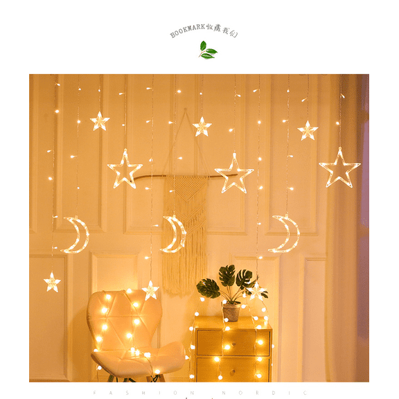 Star Moon Christmas LED Curtain String Lights, 120 LEDs Warm White Hanging Lights, 9.84 ft / 3 m Wide Connectable Window Lights with Remote, 8 Modes, USB & Solar Powered Holiday Decorations