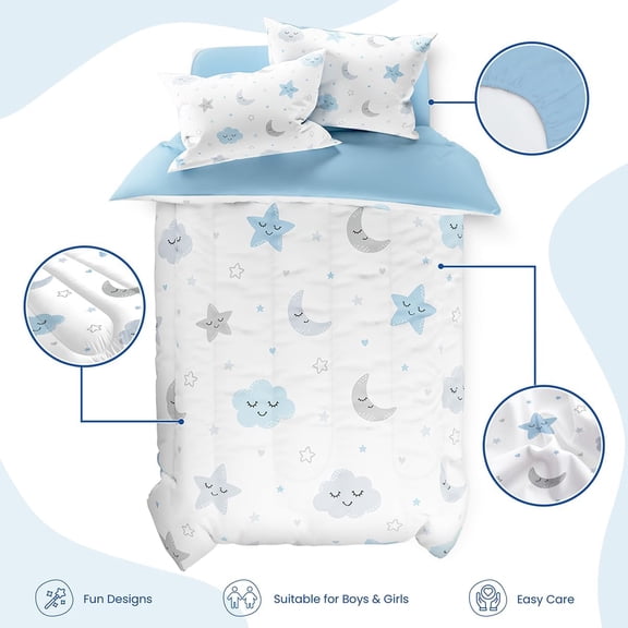 Star and Moon Comforter Set Full Size 98x86in for Kids Boys Girls Unisex, Microfiber Bedding Set 4 Pcs Includes 1 Comforter, 2 Pillowcases, 1 Fitted Sheet, Nursery Room Decor Christmas Birthday