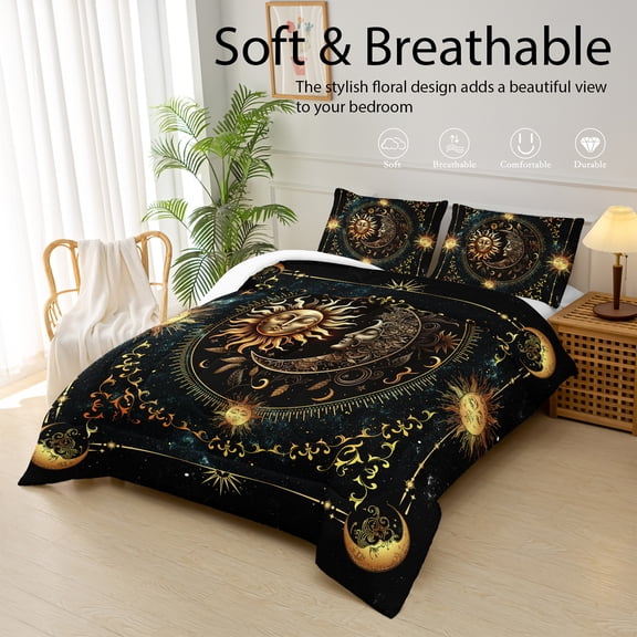 Star Moon Comforter Set King Siz, Celestial Duvet Set, Sun Moon Bedding Set, 3-Piece Set (1 Comforter + 2 Pillowcases), Soft, Comfortable, and Breathable Printed Bedding