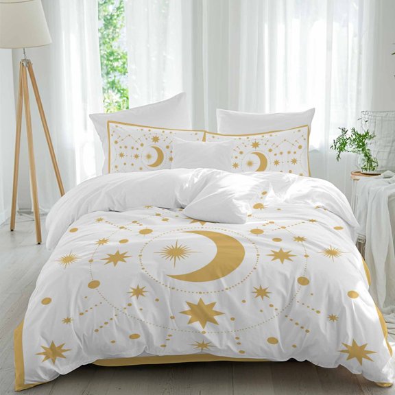 Star Moon Comforter Set Queen Size, Retro Gorgeous Gold White Polka Dots Stars Moon Soft Bedding Set for Man Woman, 4 Pieces Duvet Cover Set with Fitted Sheet, 2 Pillowcases