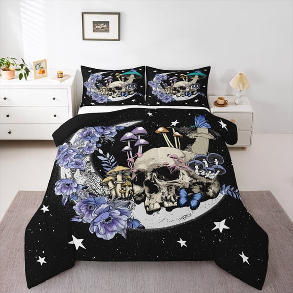 Star Moon Comforter Set Twin Size Mushroom Sugar Skull Bedding Set Youth Bedroom Decor Exotic Plants Quilted Duvet Purple Flower Butterfly Duvet Insert,Black White