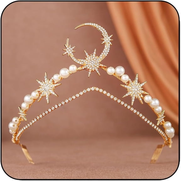 Star Moon Crown Headband Gold Halo Crown Goddess Tiara Headpiece Pearl Boho Wedding Headpiece Bridal Hair Accessories for Women and Girls