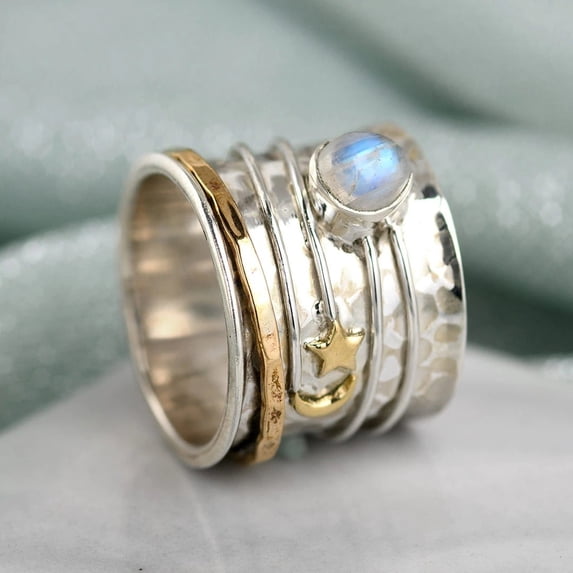 Womens Star Moon Crystal Ring Two Tone Wide Turning Alloy Electroplated Band Artificial Gemstones Inlay Antique Silver Finish Jewelry Ring