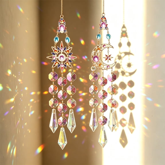 Star Moon Crystal Suncatcher, Rainbow Prism Sun Catchers Indoor Window Hanging Ornament for Home Garden Decor, 2 Pack