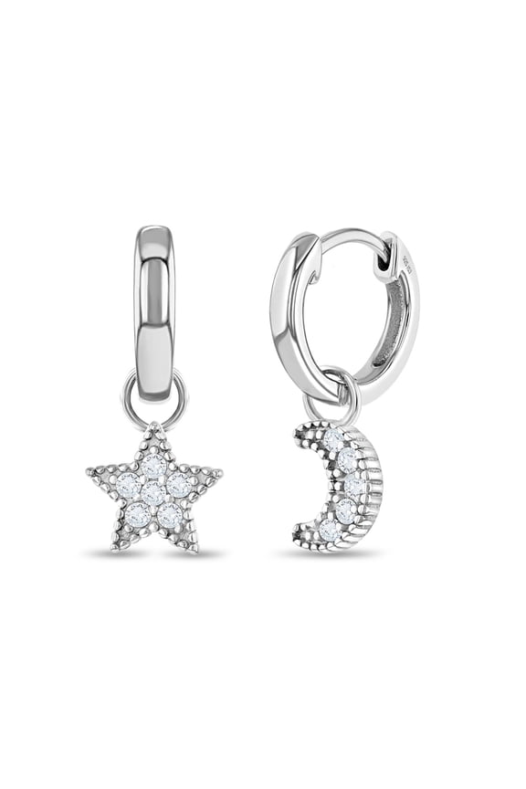 Star & Moon Dangle 9mm Kids / Children's / Girls Earrings Hoop - Sterling Silver