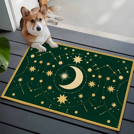 Star Moon Front Door Rugs 2x3 ft Retro Gorgeous Gold Polka Dots Stars Moon Dark Green Small Rug for Entryway Non Slip Washable Bathroom Door Mat Absorbent Floor Mat for Indoor Entrance