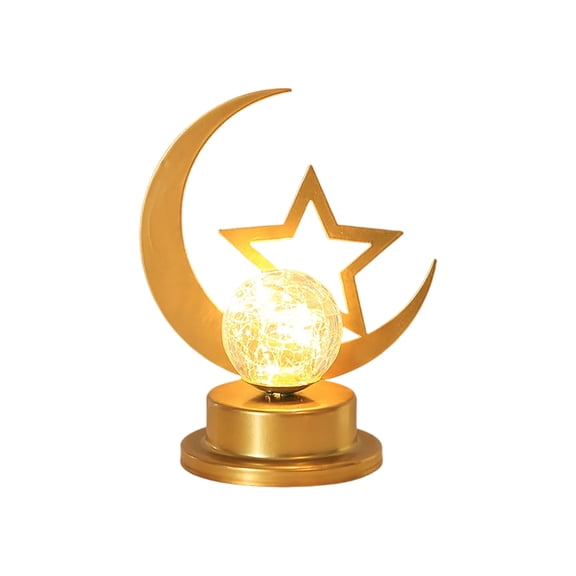 Star Moon Led Table Lamp, Hollowed - Out Iron Art Star And Moon Design With Crackle Glass Globe, For Bedroom Decor, Living Room Accent, Nightstand Display, Ramadan Decoration