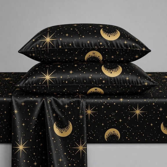 Star‑Moon Print 3/4‑Piece Sheet Set, Silky‑Smooth Breathable Bedding, Deep Pocket Fitted Sheet, Stitched Seams, Machine Washable