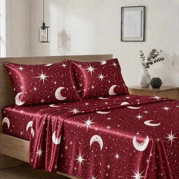 Star and Moon Print 3‑4 Pieces Bedding Set, Deep Pocket Fitted Sheet, Soft Breathable Cool Fabric, Wrinkle Shrink Resistant, Machine Washable, for Home Bedroom Guesthouse Holiday Gift