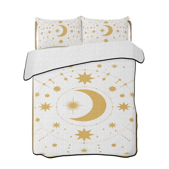 Star Moon Quilts Bedding Set Queen Size Retro Gorgeous Gold White Polka Dots Stars Moon Lightweight Quilted Bedspread 3 Piece Bed Quilt with 2 Pillow Shams All Season for Bedroom 78" x 90"