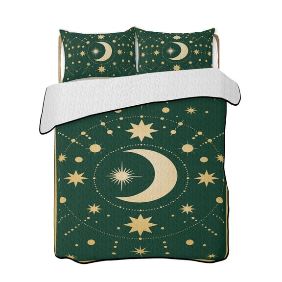 Star Moon Quilts Bedding Set Twin Size Retro Gorgeous Gold Polka Dots Stars Moon Dark Green Lightweight Quilted Bedspread 3 Piece Bed Quilt with 2 Pillow Shams All Season for Bedroom 68" x 86"