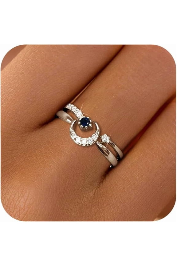 Star Moon Ring Set Stackable Rings for Women Couble 925 Sterling Silver Celestial Matching Adjustable Ring Cute 14k Gold Plated Blue CZ Moon Friendship Promise Ring Jewelry Gifts to Daughter