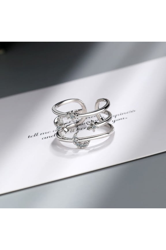 Star Moon Ring Silver Korean Style Inlaid Crystal Text Letters Jewelry Adornment for Wedding Gift and Modern Romance