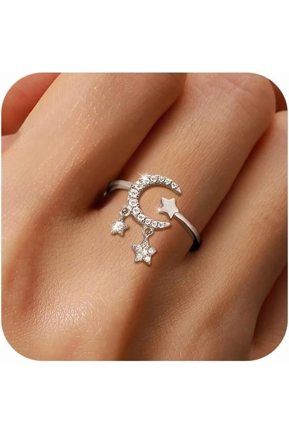 Star and Moon Rings for Women Dainty 925 Sterling Silver Crescent 14K Gold Plated Adjustable Star Statement Open Rings Finger Ring to Daughter Mom Engagement Wedding Birthday Jewelry Gift