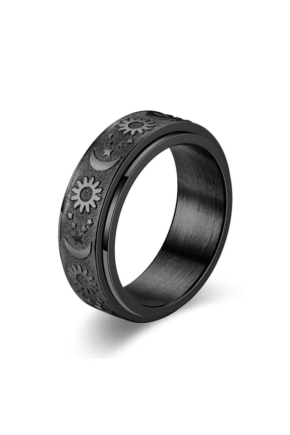 Star Moon Sun 304 Stainless Steel Rotatable Finger Ring Fidget Spinner Ring for Calming Worry Meditation Black Inner Diameter: 22.5mm