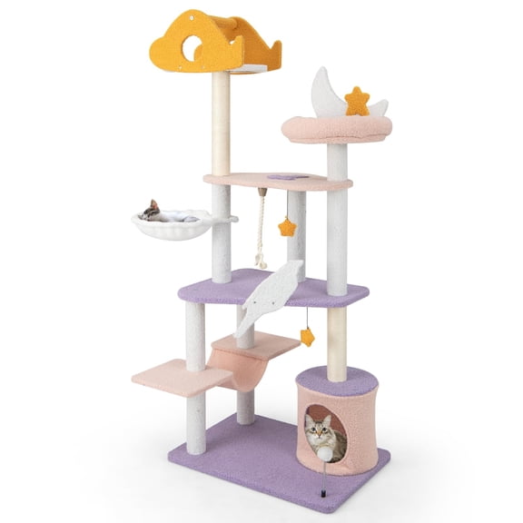 Star and Moon Themed Multi - Level Cat Tree Tower with Sisal Scching Posts, Cat Condo, Side Hammock, Hanging Dangling Toys for Indoor Cats, 66 Inch Tall, Purple