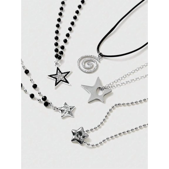Star Motif 5-Piece Layered Star Pendant Necklace Set Silvertone