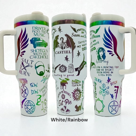 Star Mug 40 Oz Supernatural Themed Tumbler (Dean And Sam) Winchester Rainbow Laser Engraved Handle - Tumbler With Handle, To-Go Coffee Mug 40oz