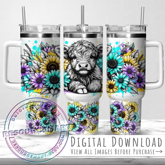 Star Mug 40Oz Baby Cow Tumbler Wrap Design, 40 Ounce Stanley Template, 40 Oz Summer Line Art Sunflowers Waterslide - Tumbler With Handle, To-Go Coffee Mug