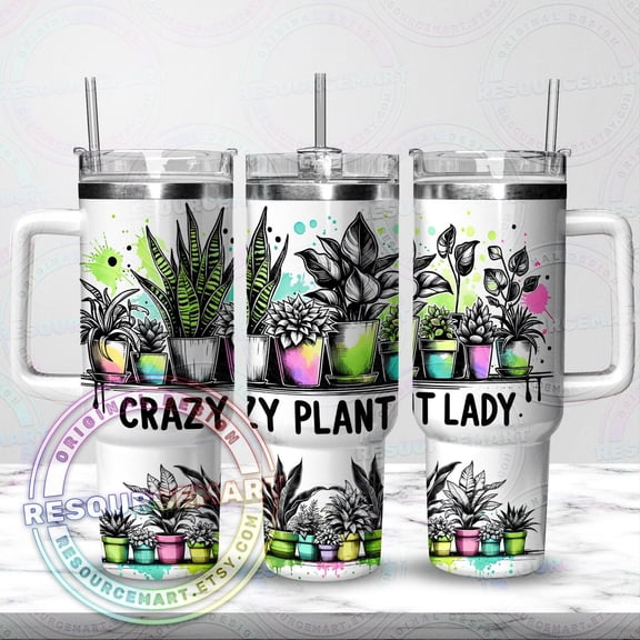 Star Mug 40Oz Crazy Plant Lady Tumbler Wrap Design, 40 Ounce Oz Summer Stanley Cup, Neon Watercolor Line Art Houseplant Plant Mom - Tumbler With Handle, To-Go Coffee Mug